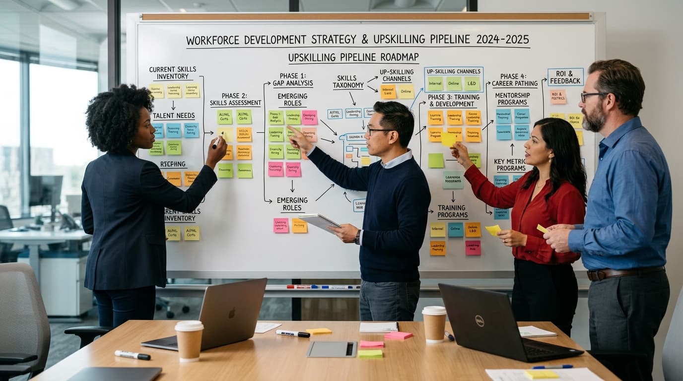 Workforce strategy blueprint sticky note upskilling roadmap dashboard